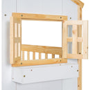 Twin over Twin House Bunk Bed with Roof, Window, Window Box, Door, with Safety Guardrails and Ladder, Natural/White