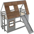 Cozy and Fun Wood Twin Size House Bunk Bed with Window Roof Shape Design with Ladder and Climbing Ramp, Brown+Gray