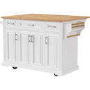 K&K 54inch Large Kitchen Island with Rubber Wood Drop Leaf, Embossed Texture Rolling Kitchen Cart on 4 Wheels with 4 Doors and 3 Drawers, Kitchen Island with Storage for Kitchen, Dining Room,White
