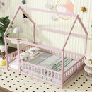 Full Size House Floor Wooden Bed with Roof Frame, Safety Guardrails,Pink