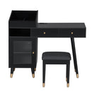 Modern Makeup Vanity Desk with Drawers, Cabinet & Charging Port, Black Engineered Wood, Space-saving Design for Small Places