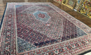 Indo Persian Bidjar Rug 8x11, Herati Mahi Pattern, Red Navy Blue, Handmade Vintage Wool Carpet
