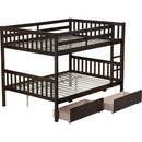 full Over full Rubber Wood Bunk Bed with 2 Drawers, Convertible into 2 full Beds, full Size Bunk Bed with Ladder and Safety Guardrails ,Espresso