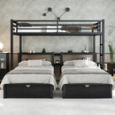 Full XL Over Twin & Twin Triple Bunk Bed with Drawers, Multi-functional Metal Frame Bed, Bed Head with Shelving & USB, Black
