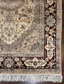 Silk Indian Kashmiri Rug 4x6 ft, Floral Medallion Hand Knotted Handmade Oriental Carpet, Vintage, Cream Burgundy, Very Fine Silk Rug 4 x 6
