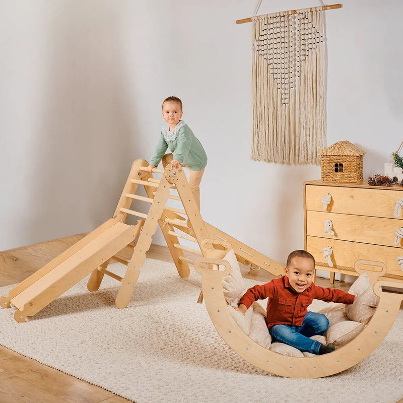 5in1 Montessori Climbing Frame Set: Triangle Ladder + Arch/Rocker + Slide Board/Ramp + Netting rope + Cushion