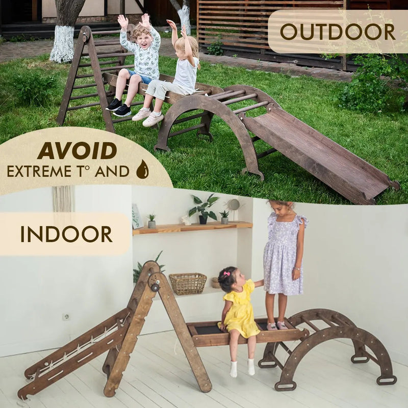 5in1 Montessori Climbing Set: Triangle Ladder, Climbing Arch, Slide, Net & Cushion – Chocolate