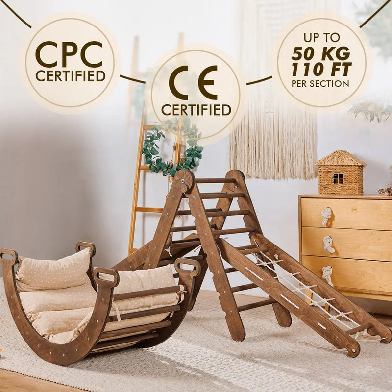 5in1 Montessori Climbing Set: Triangle Ladder + Arch/Rocker + Slide Board/Ramp + Net + Cushion – Chocolate