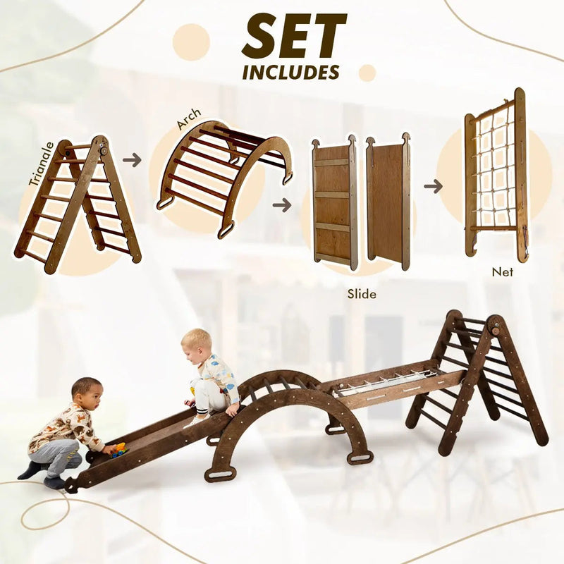 5in1 Montessori Climbing Set: Triangle Ladder + Arch/Rocker + Slide Board/Ramp + Net + Cushion – Chocolate