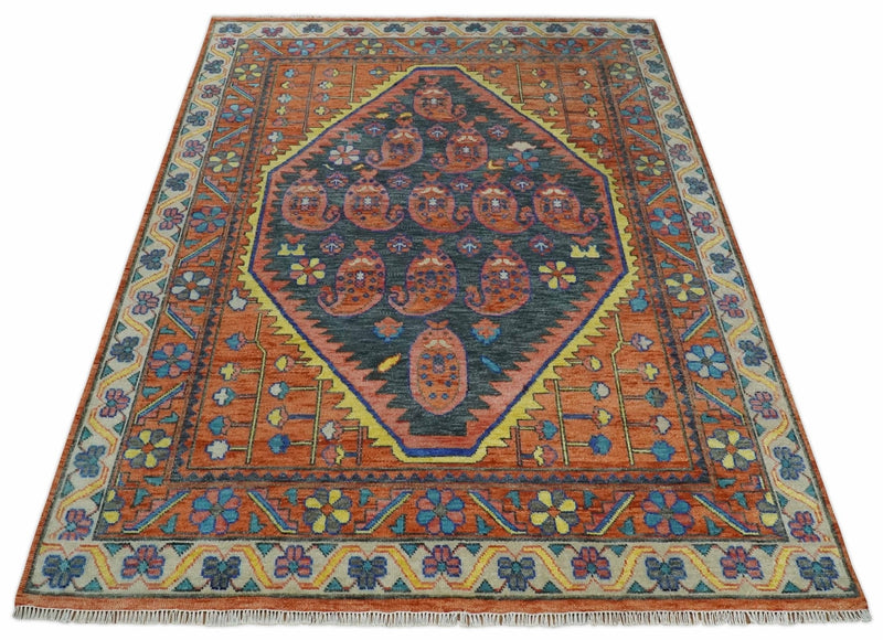 Charcoal, Rust and Beige Traditional Boteh Design Heriz Multi Size wool Area Rug