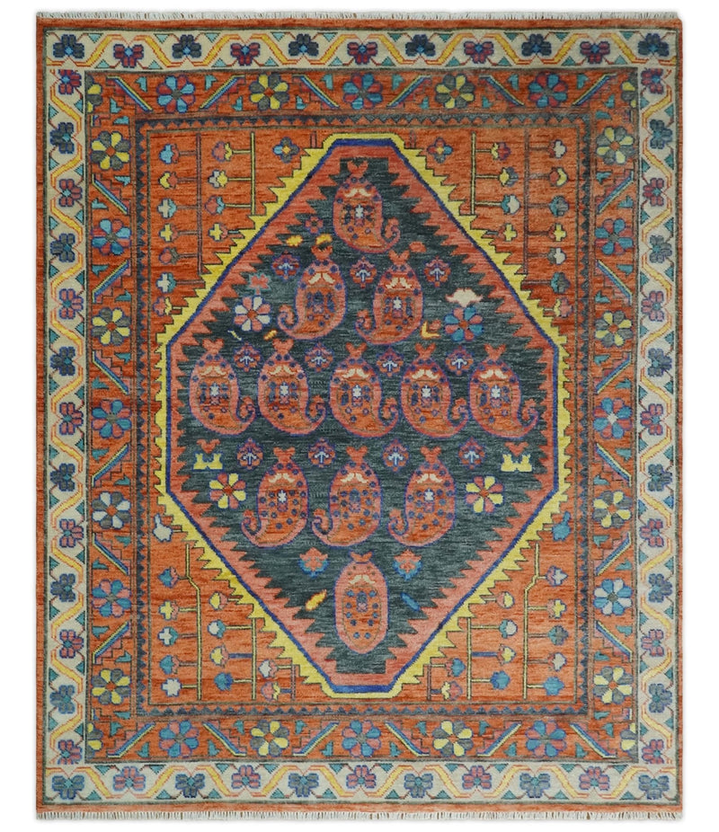 Charcoal, Rust and Beige Traditional Boteh Design Heriz Multi Size wool Area Rug