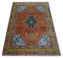 Hand Knotted Rust and Blue Traditional Floral Multi Size Wool Area Rug