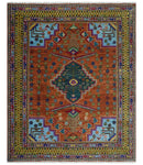 Hand Knotted Rust and Blue Traditional Floral Multi Size Wool Area Rug