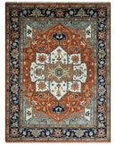 Hand Knotted Blue and Rust Traditional Heriz Multi Size Wool Area Rug