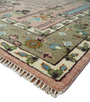 Pink, Olive and Beige Traditional Vintage Heriz Serapi Wool Rug
