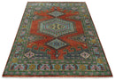 Hand Knotted Rust, Blue and Olive Traditional Antique Wool Rug