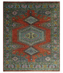 Hand Knotted Rust, Blue and Olive Traditional Antique Wool Rug