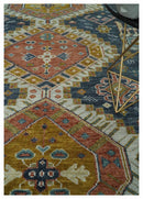 Rust, Gold and Blue Traditional Hand knotted Custom Made wool Area Rug