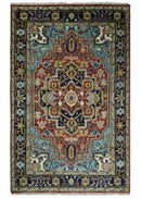 Rust And Blue Traditional Medallion Hand Knotted Wool Area Rug