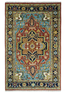 Rust And Blue Traditional Medallion Hand Knotted Wool Area Rug