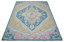 Traditional Blue and Camel Textured Loop Wool Hand Tufted Area Rug