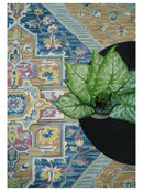 Traditional Blue and Camel Textured Loop Wool Hand Tufted Area Rug