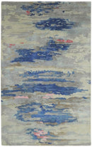 Blue and Silver Modern Abstract Hand Tufted Wool and Art Silk 5x8 Area Rug