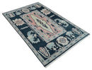 5x8 Dark Blue, Ivory and Peach Hand Knotted Heriz Serapi Medallion Area Rug | TRDPC41