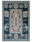 5x8 Dark Blue, Ivory and Peach Hand Knotted Heriz Serapi Medallion Area Rug | TRDPC41