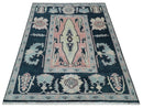 5x8 Dark Blue, Ivory and Peach Hand Knotted Heriz Serapi Medallion Area Rug | TRDPC41