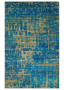 5x8 Hand Knotted Beige and Blue Modern Abstract  Recycled Silk Area Rug