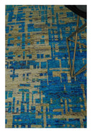 5x8 Hand Knotted Beige and Blue Modern Abstract  Recycled Silk Area Rug