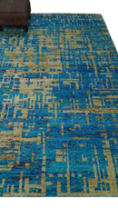 5x8 Hand Knotted Beige and Blue Modern Abstract  Recycled Silk Area Rug