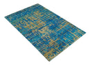 5x8 Hand Knotted Beige and Blue Modern Abstract  Recycled Silk Area Rug