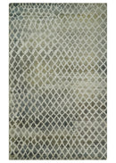 5x8 Hand Knotted Beige, Charcoal and Olive Modern Geometric Recycled Silk Area Rug