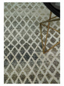 5x8 Hand Knotted Beige, Charcoal and Olive Modern Geometric Recycled Silk Area Rug