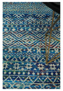 5x8 Hand Knotted Blue and Ivory Modern Contemporary Southwestern Tribal Trellis Recycled Silk Area Rug