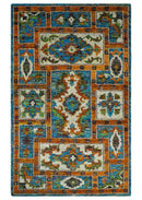 5x8 Hand Knotted Blue, Ivory and Rust Modern Recycled Silk Area Rug