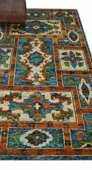 5x8 Hand Knotted Blue, Ivory and Rust Modern Recycled Silk Area Rug