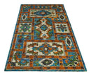 5x8 Hand Knotted Blue, Ivory and Rust Modern Recycled Silk Area Rug