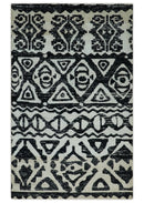 Hand Knotted Ivory and Black Modern Contemporary Recycled Silk Area Rug