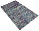 5x8 Hand Knotted Ivory, Blue and Purple Modern Abstract  Recycled Silk Area Rug