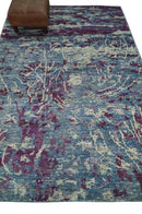5x8 Hand Knotted Ivory, Blue and Purple Modern Abstract  Recycled Silk Area Rug