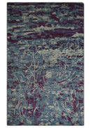5x8 Hand Knotted Ivory, Blue and Purple Modern Abstract  Recycled Silk Area Rug
