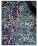 5x8 Hand Knotted Ivory, Blue and Purple Modern Abstract  Recycled Silk Area Rug