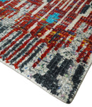 5x8 Hand Knotted Ivory, Blue and Maroon Modern Abstract Recycled Silk Area Rug