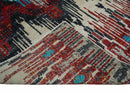 5x8 Hand Knotted Ivory, Blue and Maroon Modern Abstract Recycled Silk Area Rug