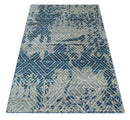5x8 Hand Knotted Ivory And Blue and Modern Contemporary Recycled Silk Area Rug