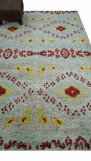5x8 Hand Knotted Ivory, Red and Yellow Recycled Silk Area Rug