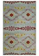 5x8 Hand Knotted Ivory, Red and Yellow Recycled Silk Area Rug